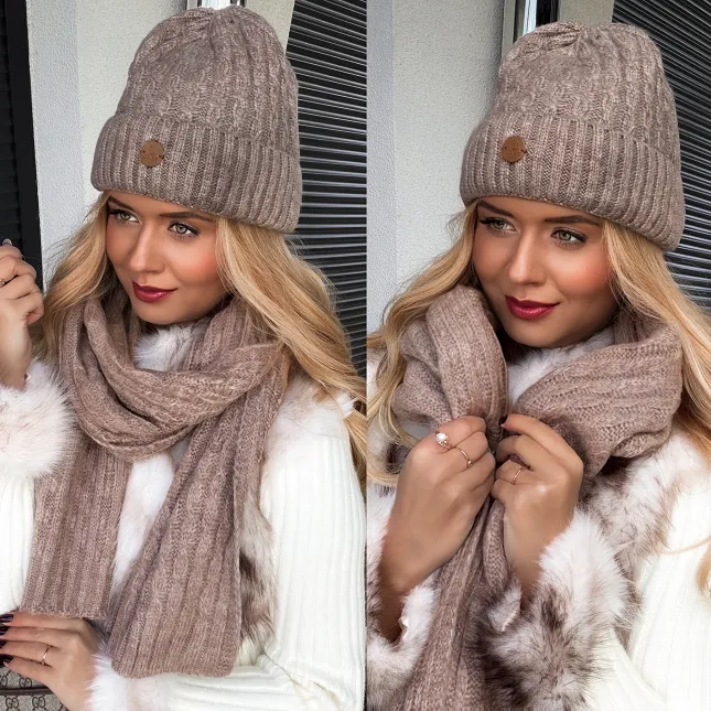 Beżowy zimowy komplet w warkocz czapka + szalik PRODUKT POLSKI - R290