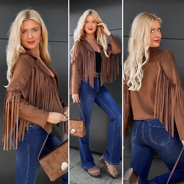 Zamszowa kurtka przejściowa z frędzlami ONE SIZE czekoladowa - P983D