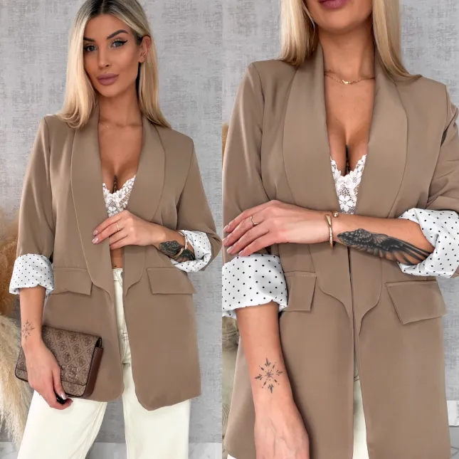 Elegancka wiosenna marynarka z podszewką w groszki BEŻOWA one size - R670A