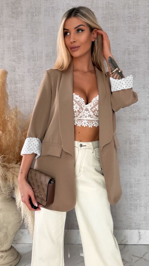 Elegancka wiosenna marynarka z podszewką w groszki BEŻOWA one size - R670A