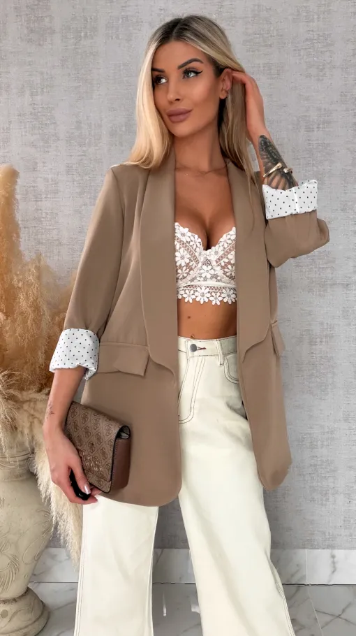 Elegancka wiosenna marynarka z podszewką w groszki BEŻOWA one size - R670A