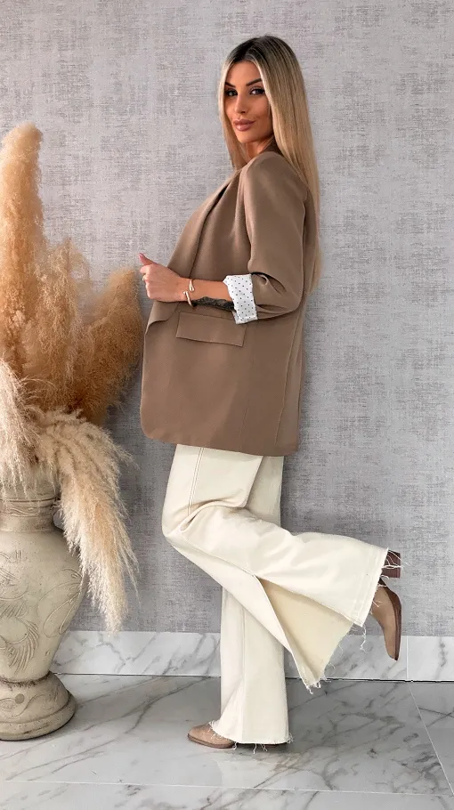 Elegancka wiosenna marynarka z podszewką w groszki BEŻOWA one size - R670A