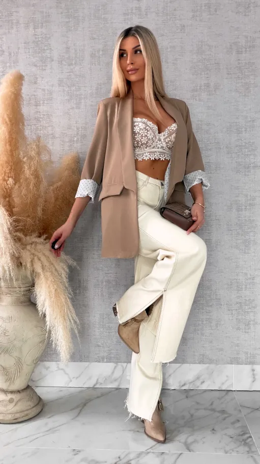 Elegancka wiosenna marynarka z podszewką w groszki BEŻOWA one size - R670A