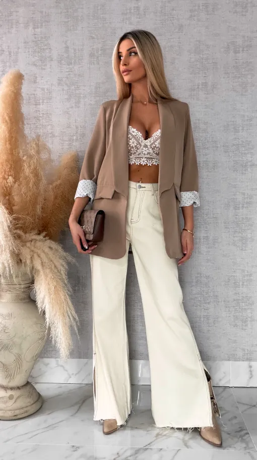 Elegancka wiosenna marynarka z podszewką w groszki BEŻOWA one size - R670A