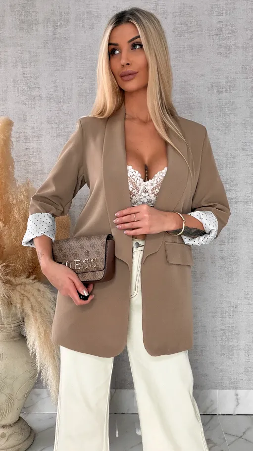 Elegancka wiosenna marynarka z podszewką w groszki BEŻOWA one size - R670A