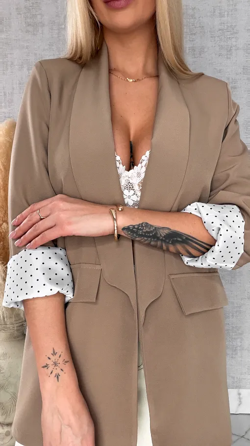 Elegancka wiosenna marynarka z podszewką w groszki BEŻOWA one size - R670A