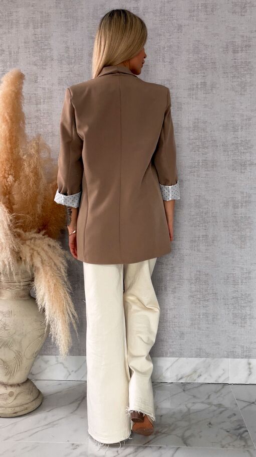 Elegancka wiosenna marynarka z podszewką w groszki BEŻOWA one size - R670A