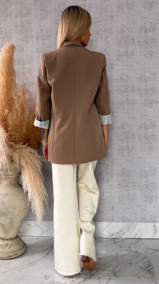 Elegancka wiosenna marynarka z podszewką w groszki BEŻOWA one size - R670A