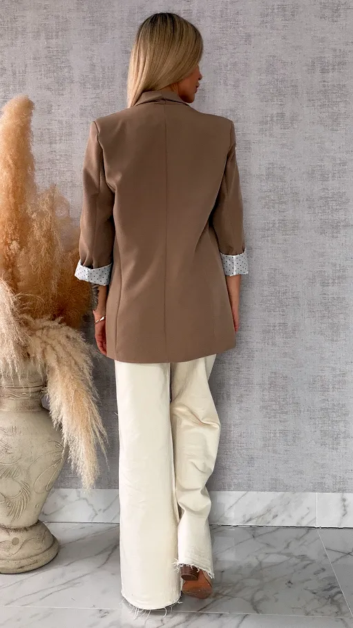 Elegancka wiosenna marynarka z podszewką w groszki BEŻOWA one size - R670A