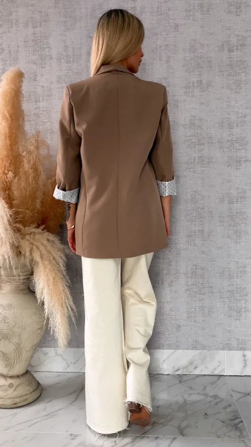 Elegancka wiosenna marynarka z podszewką w groszki BEŻOWA one size - R670A