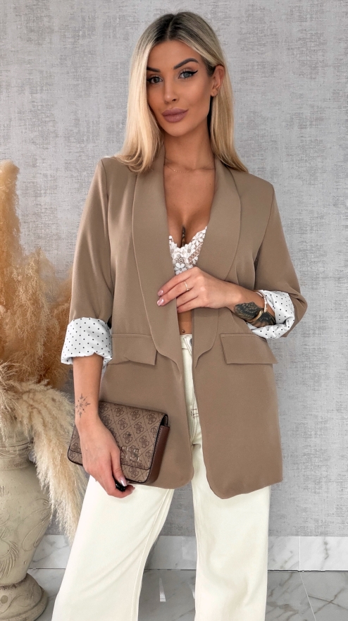 Elegancka wiosenna marynarka z podszewką w groszki BEŻOWA one size - R670A