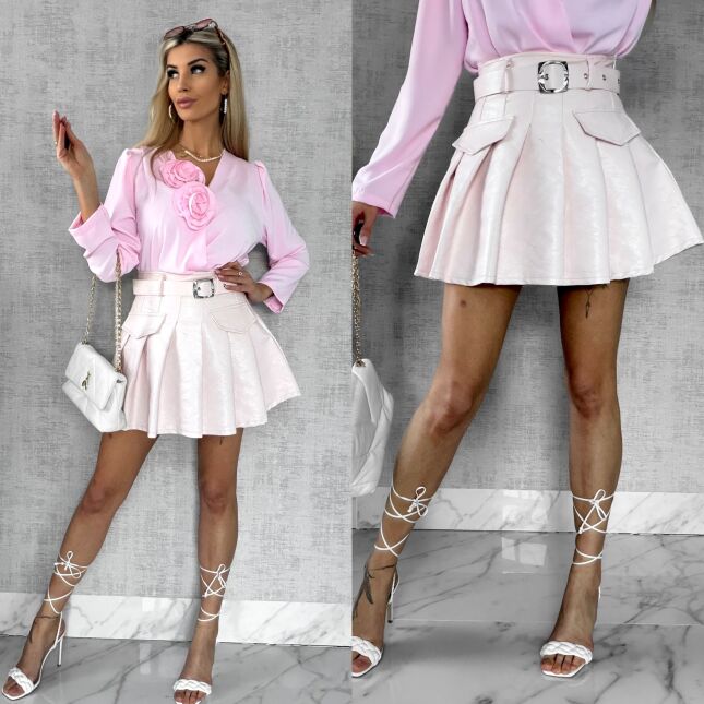 Skórzana spódniczka z plisowaniem + pasek PINK - R588B