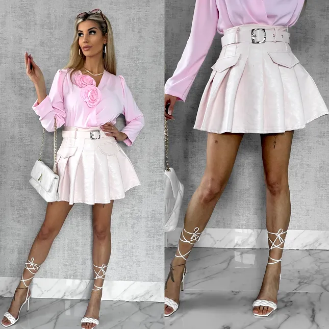 Skórzana spódniczka z plisowaniem + pasek PINK - R588B