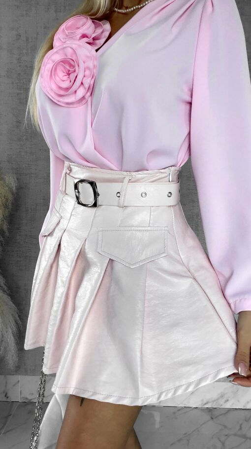 Skórzana spódniczka z plisowaniem + pasek PINK - R588B