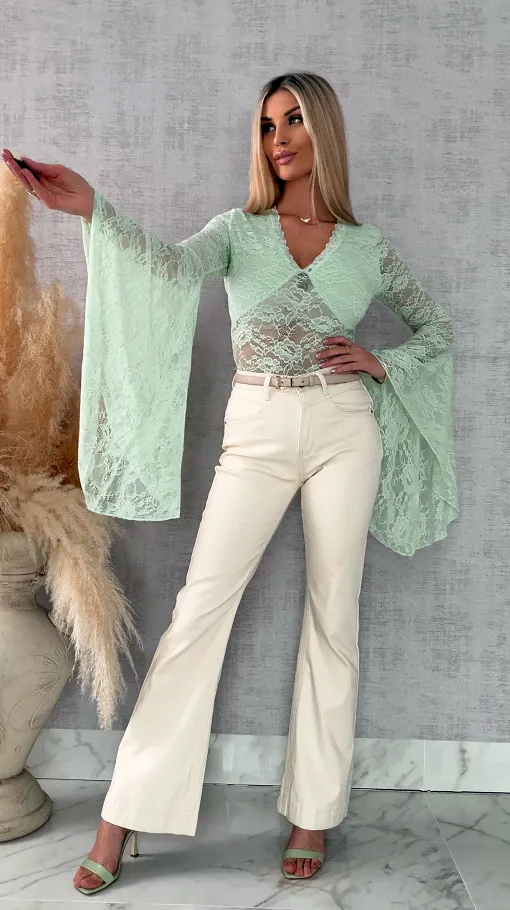 Miętowa koronkowa bluzka w szpic z dzwonkami ONE SIZE - R683A