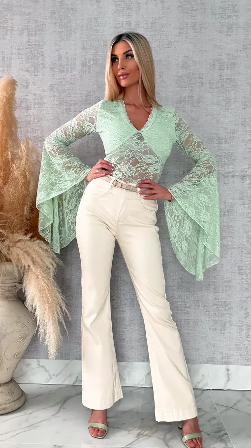 Miętowa koronkowa bluzka w szpic z dzwonkami ONE SIZE - R683A