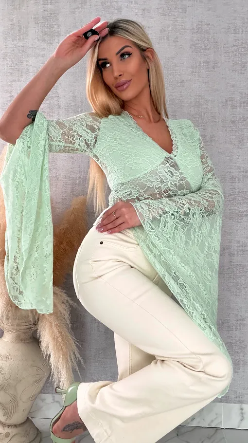 Miętowa koronkowa bluzka w szpic z dzwonkami ONE SIZE - R683A