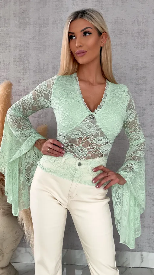 Miętowa koronkowa bluzka w szpic z dzwonkami ONE SIZE - R683A
