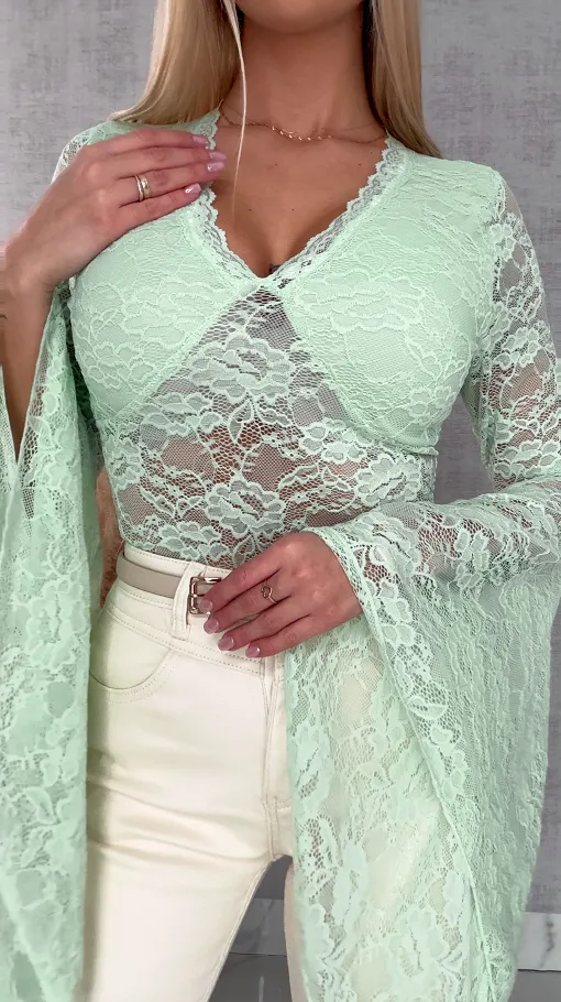 Miętowa koronkowa bluzka w szpic z dzwonkami ONE SIZE - R683A