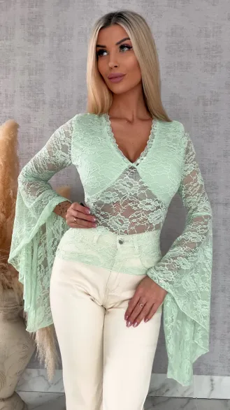 Miętowa koronkowa bluzka w szpic z dzwonkami ONE SIZE - R683A