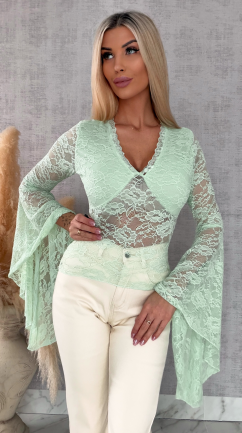 Miętowa koronkowa bluzka w szpic z dzwonkami ONE SIZE - R683A