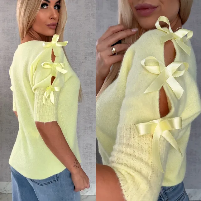 Oryginalny wiosenny sweter z krótkim rękawem i kokardkami CYTRYNOWY - R664