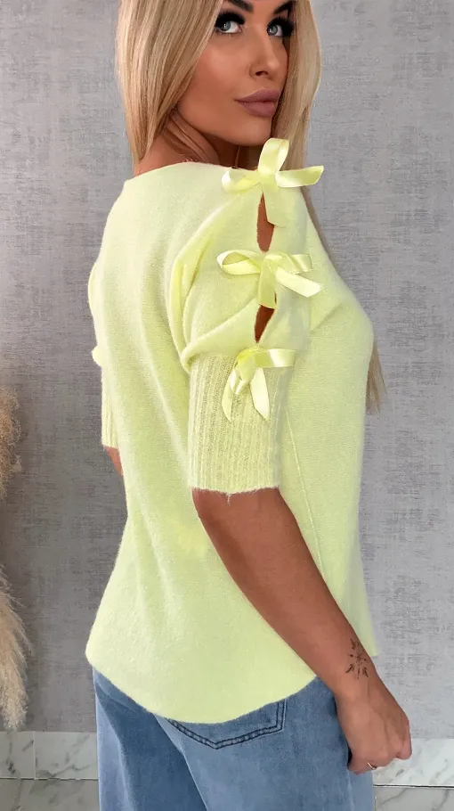 Oryginalny wiosenny sweter z krótkim rękawem i kokardkami CYTRYNOWY - R664