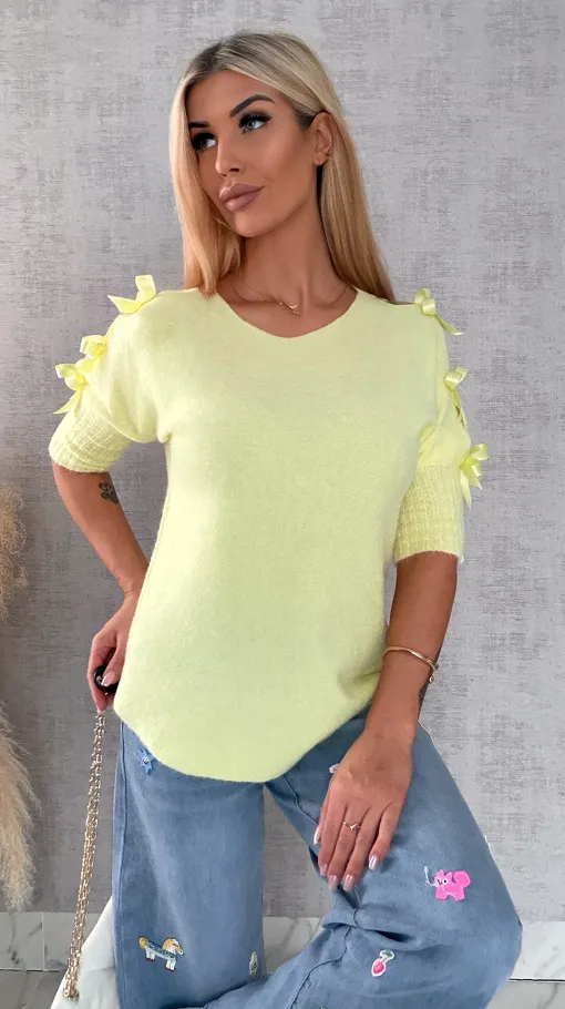 Oryginalny wiosenny sweter z krótkim rękawem i kokardkami CYTRYNOWY - R664