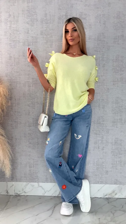 Oryginalny wiosenny sweter z krótkim rękawem i kokardkami CYTRYNOWY - R664