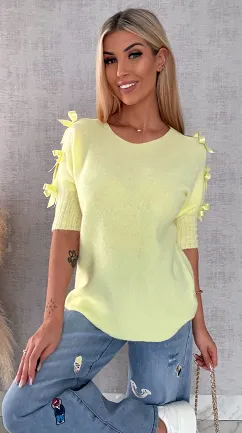 Oryginalny wiosenny sweter z krótkim rękawem i kokardkami CYTRYNOWY - R664