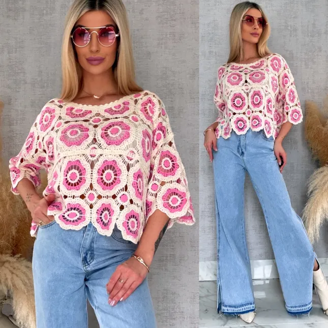 Lekki ażurowy sweterek w szydełkowym stylu PINK - R691A