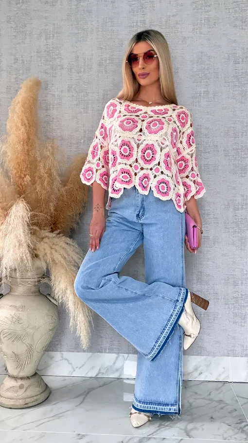 Lekki ażurowy sweterek w szydełkowym stylu PINK - R691A