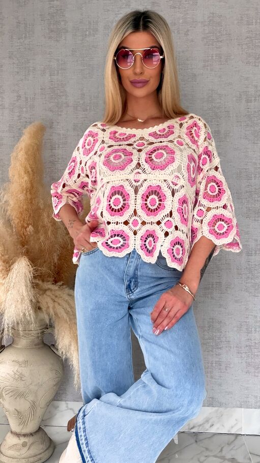 Lekki ażurowy sweterek w szydełkowym stylu PINK - R691A