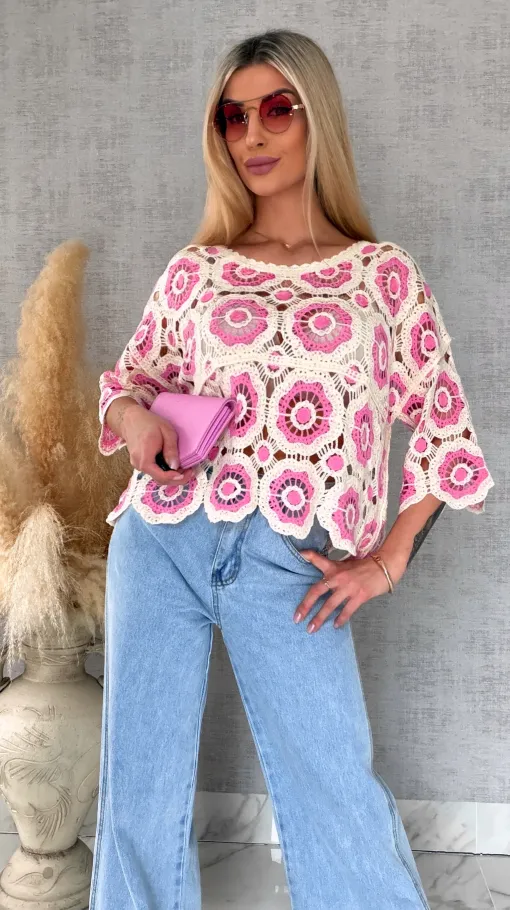 Lekki ażurowy sweterek w szydełkowym stylu PINK - R691A