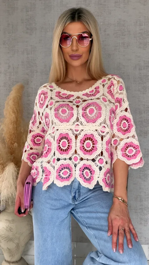 Lekki ażurowy sweterek w szydełkowym stylu PINK - R691A