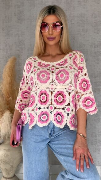 Lekki ażurowy sweterek w szydełkowym stylu PINK - R691A