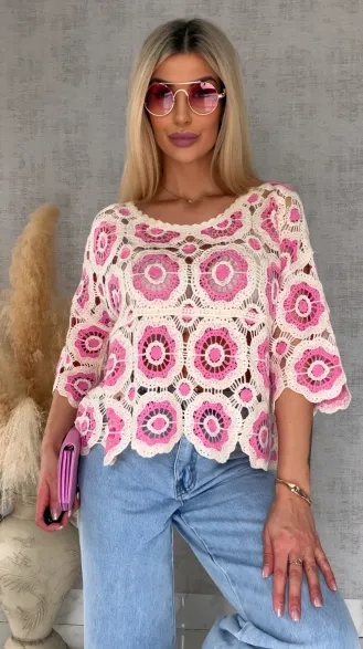 Lekki ażurowy sweterek w szydełkowym stylu PINK - R691A