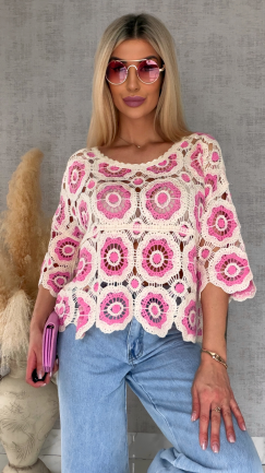 Lekki ażurowy sweterek w szydełkowym stylu PINK - R691A