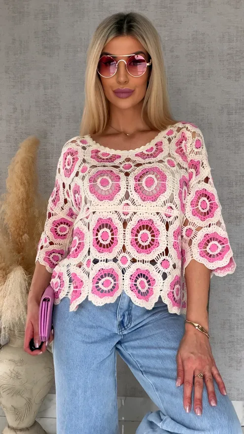 Lekki ażurowy sweterek w szydełkowym stylu PINK - R691A