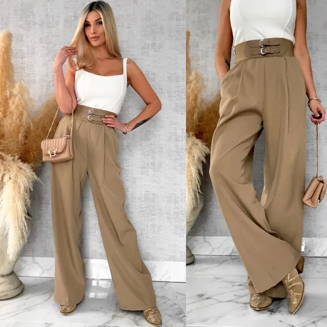 Eleganckie beżowe spodnie z szerokim elastycznym pasem - R694