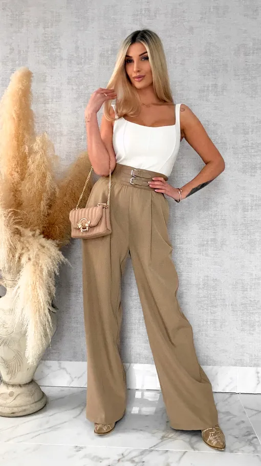 Eleganckie beżowe spodnie z szerokim elastycznym pasem - R694