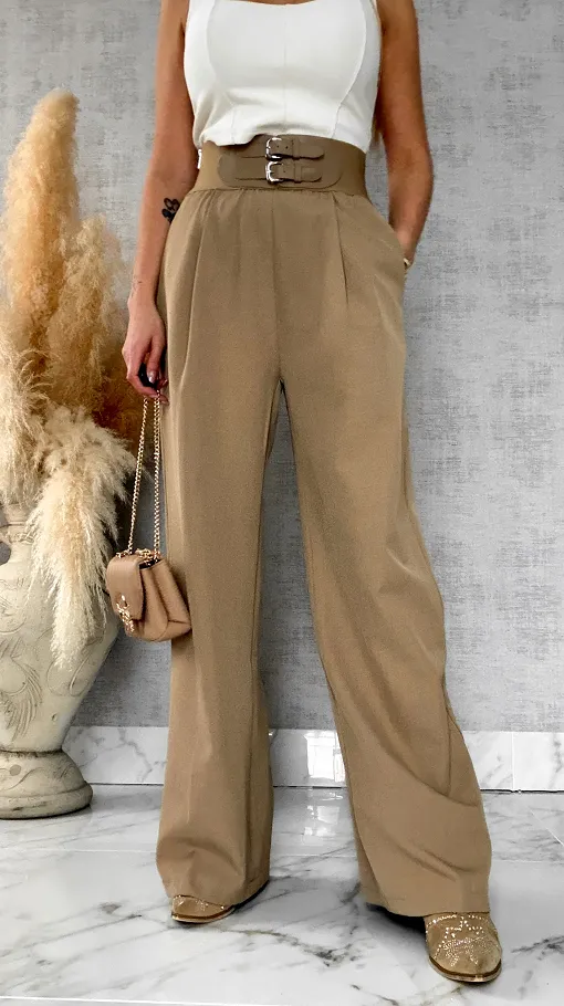 Eleganckie beżowe spodnie z szerokim elastycznym pasem - R694