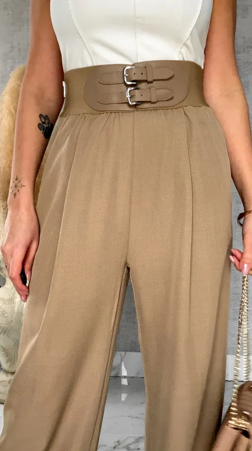 Eleganckie beżowe spodnie z szerokim elastycznym pasem - R694