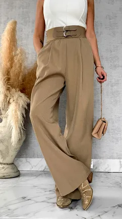 Eleganckie beżowe spodnie z szerokim elastycznym pasem - R694