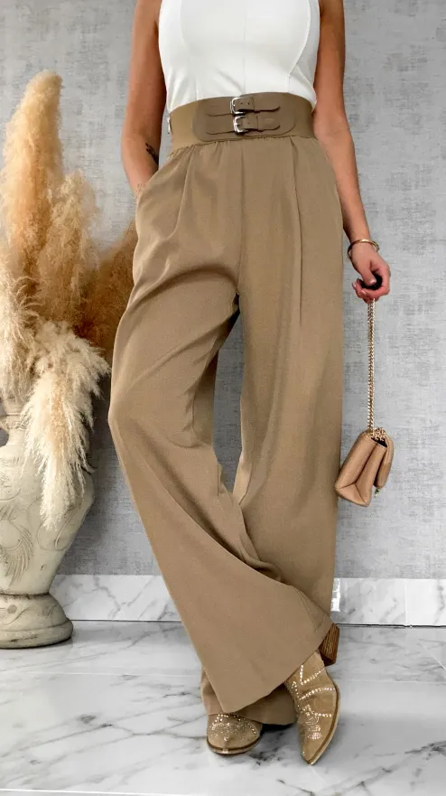 Eleganckie beżowe spodnie z szerokim elastycznym pasem - R694