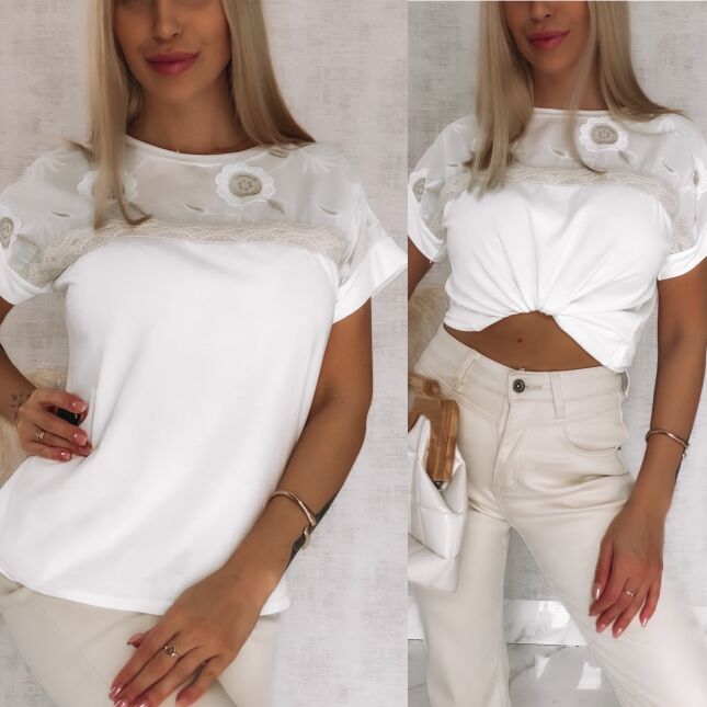 Elegancka bawełniana bluzka z ozdobnym dekoltem ONE SIZE t-shirt - R809