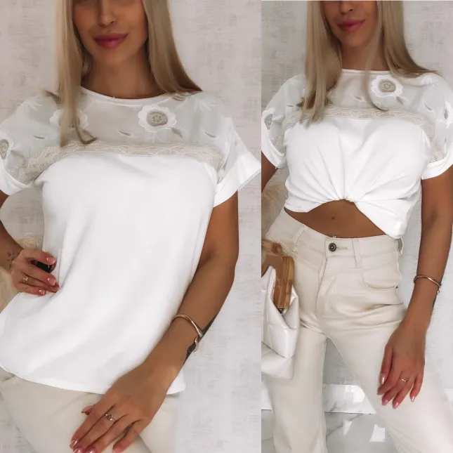 Elegancka bawełniana bluzka z ozdobnym dekoltem ONE SIZE t-shirt - R809