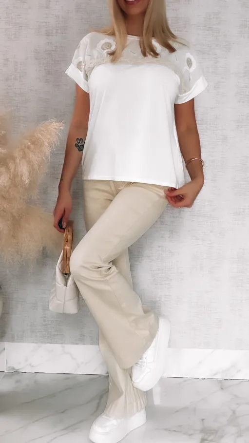 Elegancka bawełniana bluzka z ozdobnym dekoltem ONE SIZE t-shirt - R809