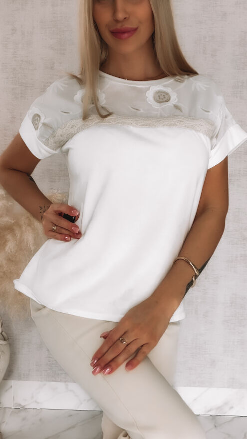 Elegancka bawełniana bluzka z ozdobnym dekoltem ONE SIZE t-shirt - R809