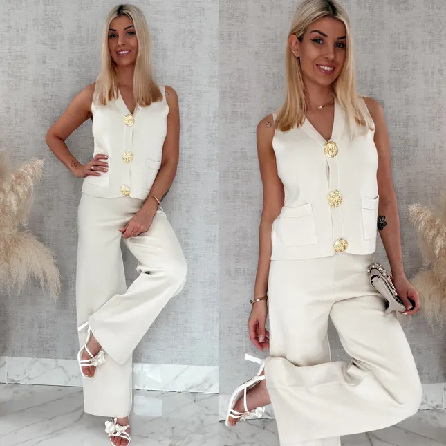 Jasno beżowy komplet dzianinowy bluzka + spodnie ONE SIZE 100% wiskoza - R873